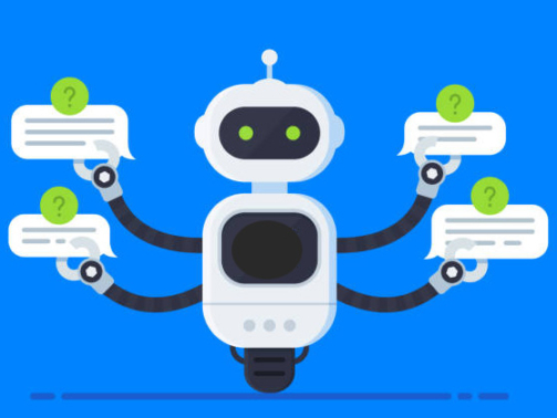 Chatbot concept. Bot answers questions from several users at the same time. Chat bot holds speech bubbles and show hi on screen inside itself. Customer service robot. Vector illustration in flat style