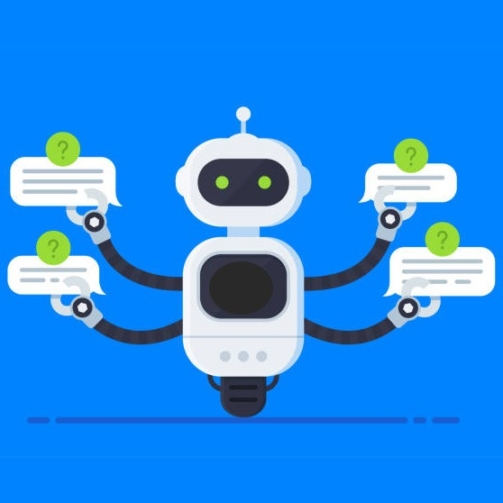 Chatbot concept. Bot answers questions from several users at the same time. Chat bot holds speech bubbles and show hi on screen inside itself. Customer service robot. Vector illustration in flat style