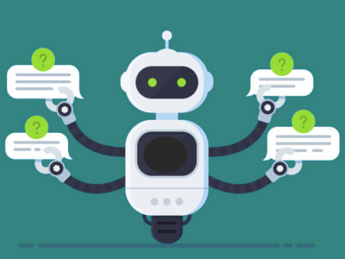 Chatbot concept. Bot answers questions from several users at the same time. Chat bot holds speech bubbles and show hi on screen inside itself. Customer service robot. Vector illustration in flat style