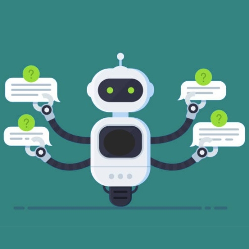 Chatbot concept. Bot answers questions from several users at the same time. Chat bot holds speech bubbles and show hi on screen inside itself. Customer service robot. Vector illustration in flat style